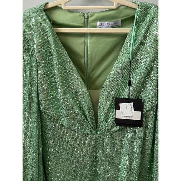 NWT Ieena For Mac Duggal Sequined Bishop Sleeve Sheath Dress Light Green Size 10 - Picture 6 of 10